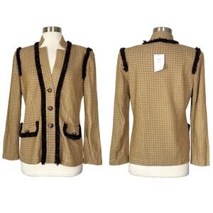 NEW Misook | Tweed Knit Tan Brown Ruffle Trim Gold Button Blazer Jacket XS NWT